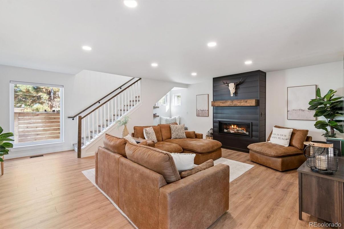 Fireplace, Interior, Living room, Recessed Lighting, Wood Texture Flooring