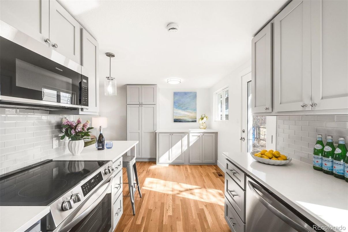 Interior, Kitchen, Pendant Lights, Stainless Steel Appliances, Wood Texture Flooring