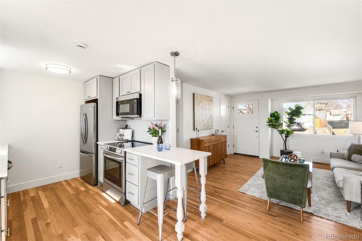 Interior, Kitchen, Pendant Lights, Stainless Steel Appliances, Wood Texture Flooring