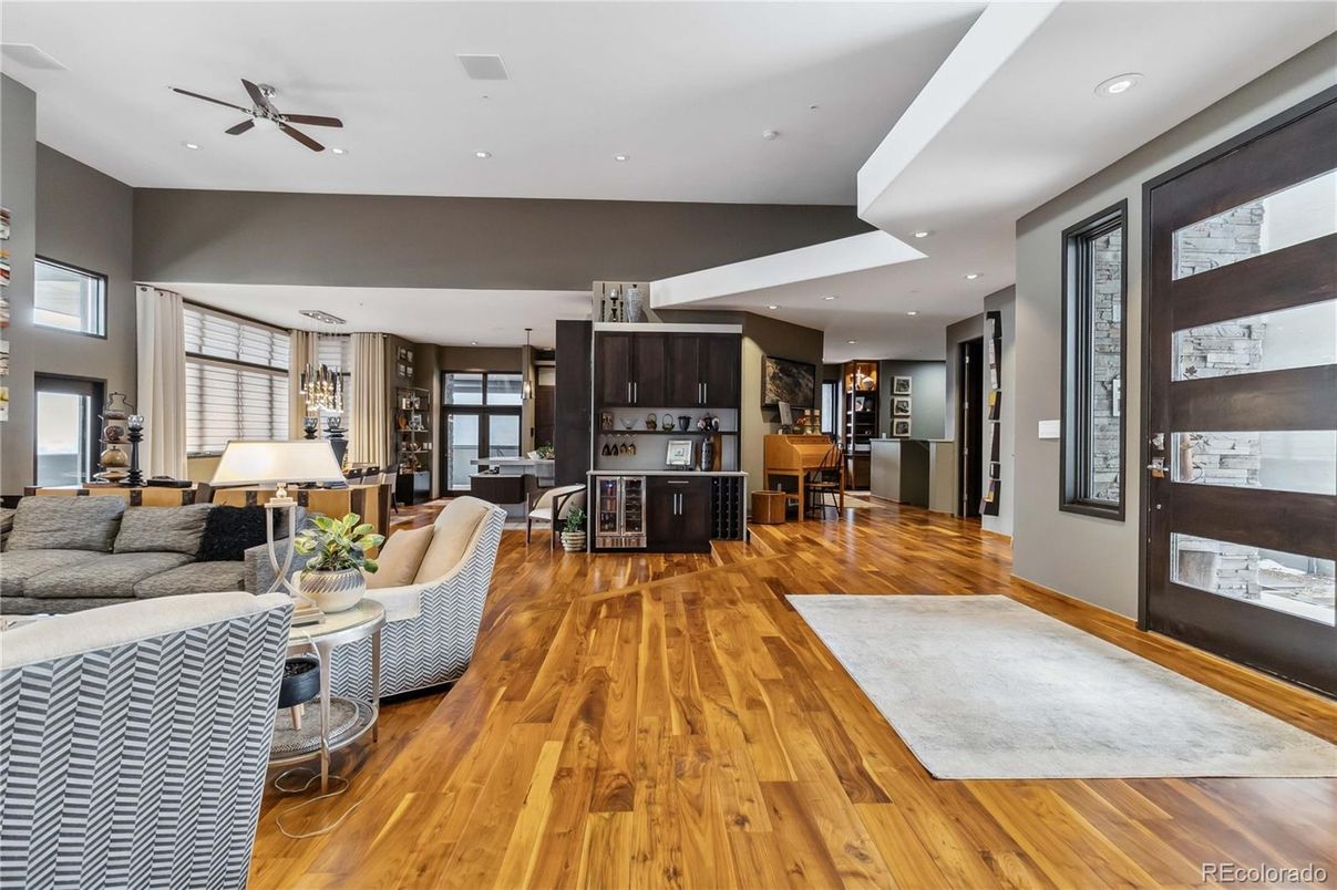 Dining room, Interior, Living room, Recessed Lighting, Wood Texture Flooring