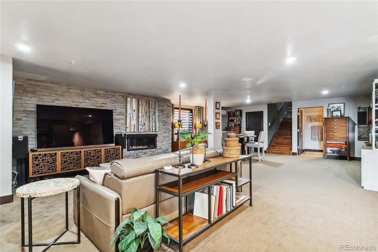 Fireplace, Home Office, Interior, Living room, Recessed Lighting, Stone Walls
