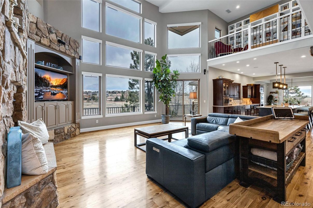 Interior, Kitchen, Living room, Pendant Lights, Recessed Lighting, Stone Walls, Wood Texture Flooring