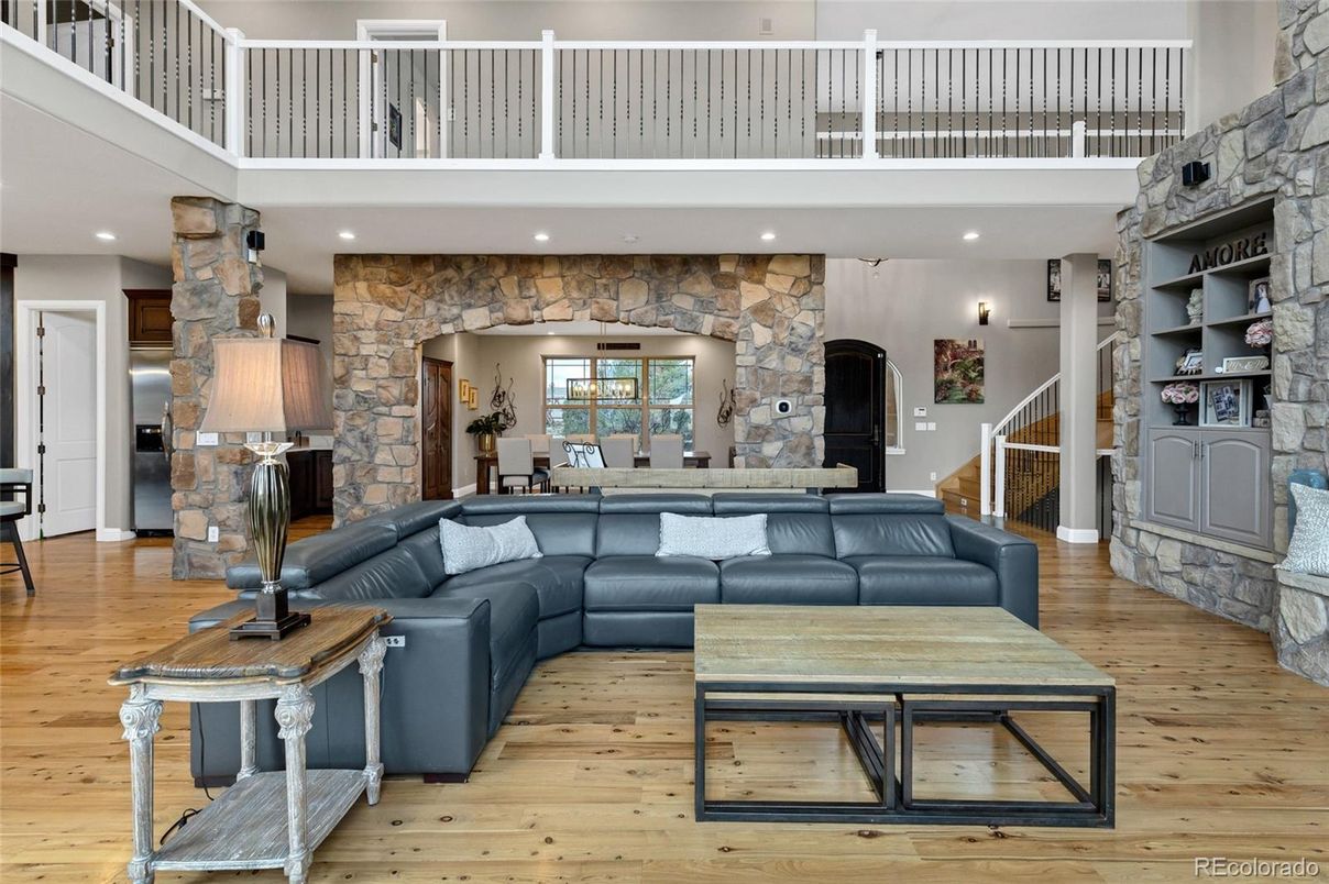 Interior, Living room, Recessed Lighting, Stone Walls, Wood Texture Flooring