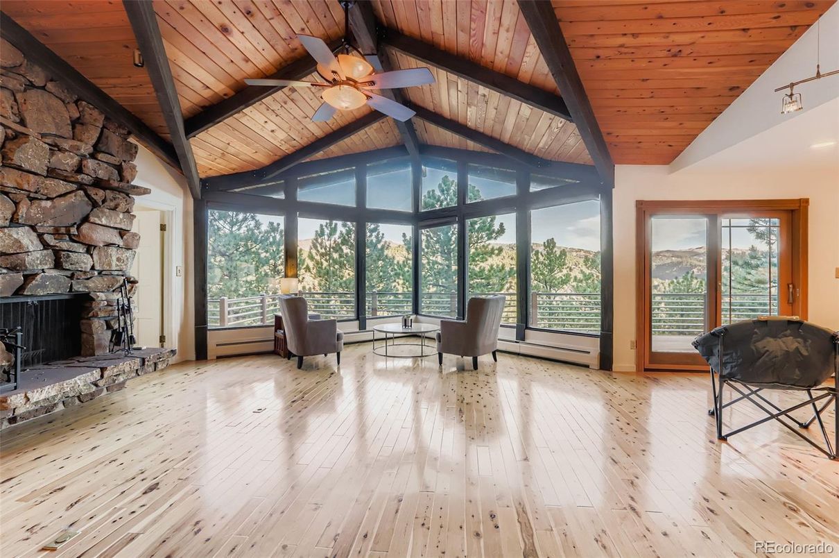 Fireplace, Interior, Stone Walls, Sun Room, Wooden Beams, Wooden Ceilings, Wood Texture Flooring