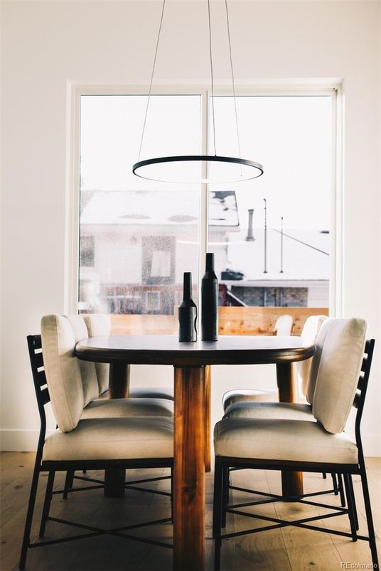 Dining room, Interior, Pendant Lights, Wood Texture Flooring