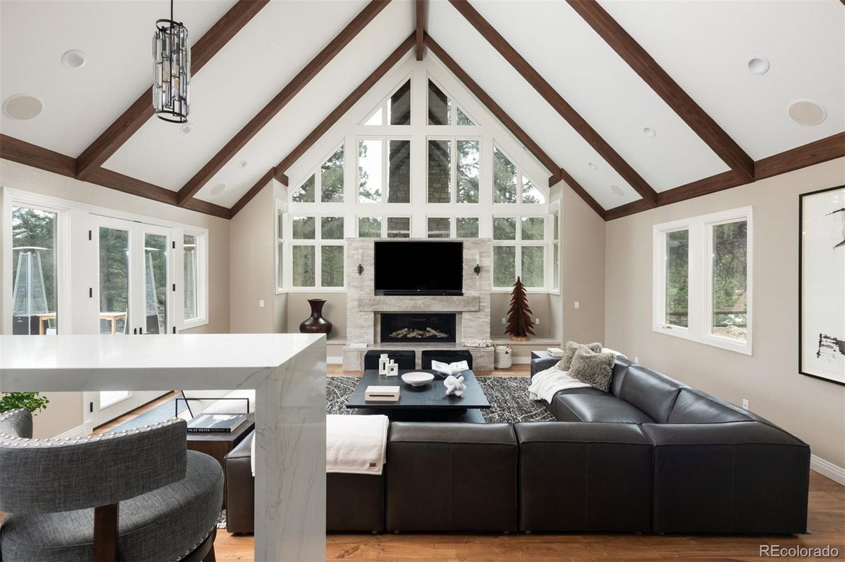 Fireplace, Interior, Living room, Recessed Lighting, Wooden Beams, Wood Texture Flooring
