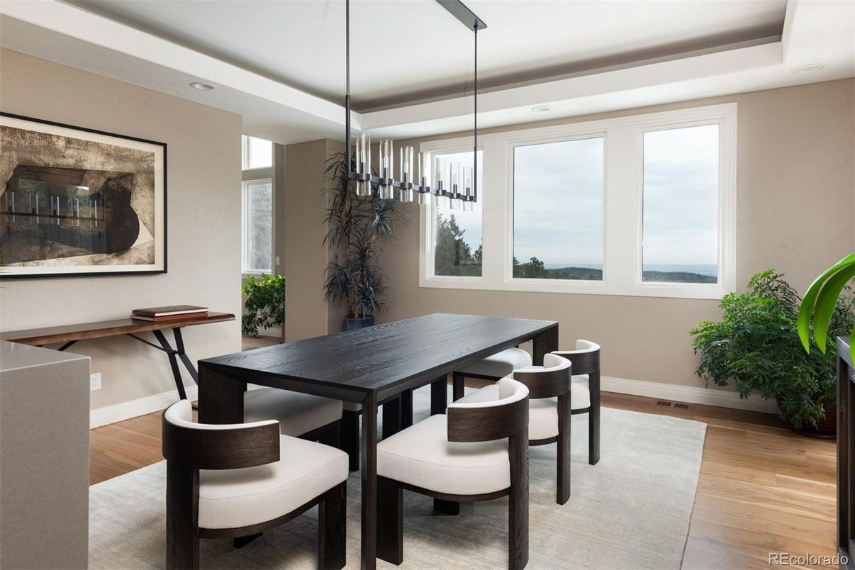 Dining room, Interior, Pendant Lights, Water, Wood Texture Flooring