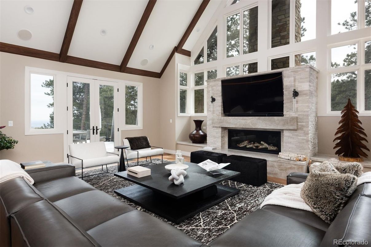Fireplace, Interior, Living room, Recessed Lighting, Wooden Beams