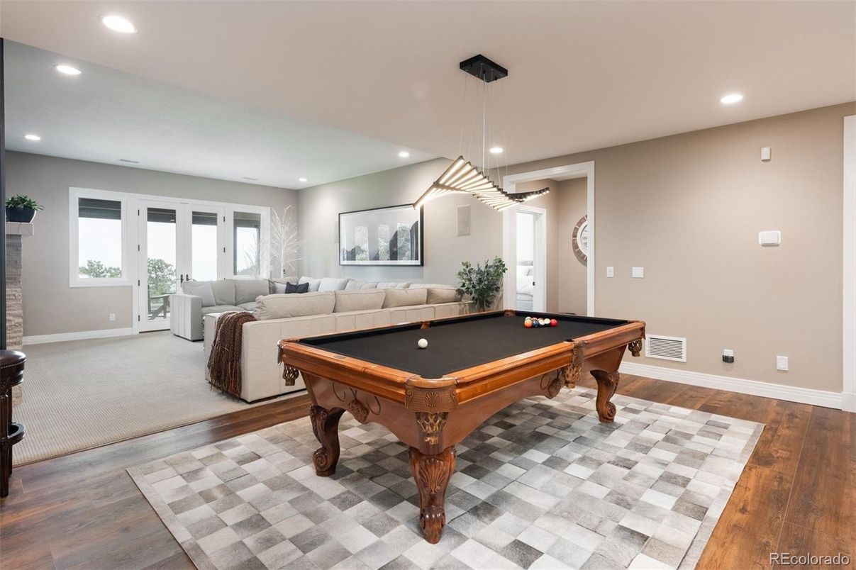 Billiard Table, Game Room, Interior, Living room, Pendant Lights, Recessed Lighting, Wood Texture Flooring
