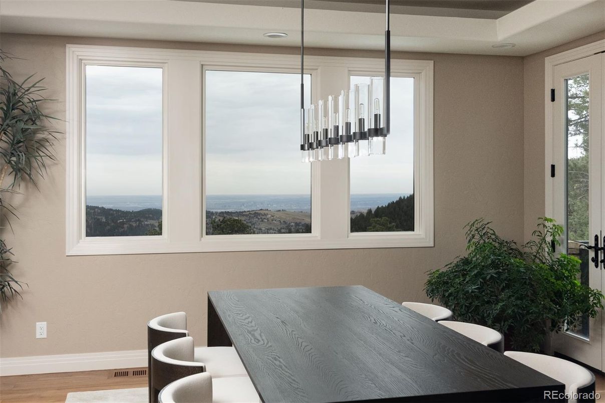 Dining room, Interior, Pendant Lights, Water, Wood Texture Flooring