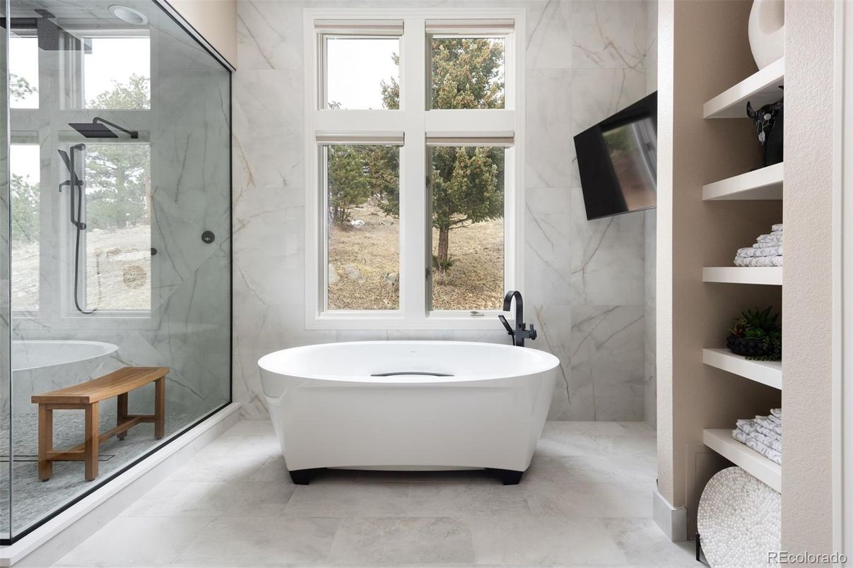 Bathroom, Free Standing Baths, Glass Shower, Interior, Marble, Marble Walls
