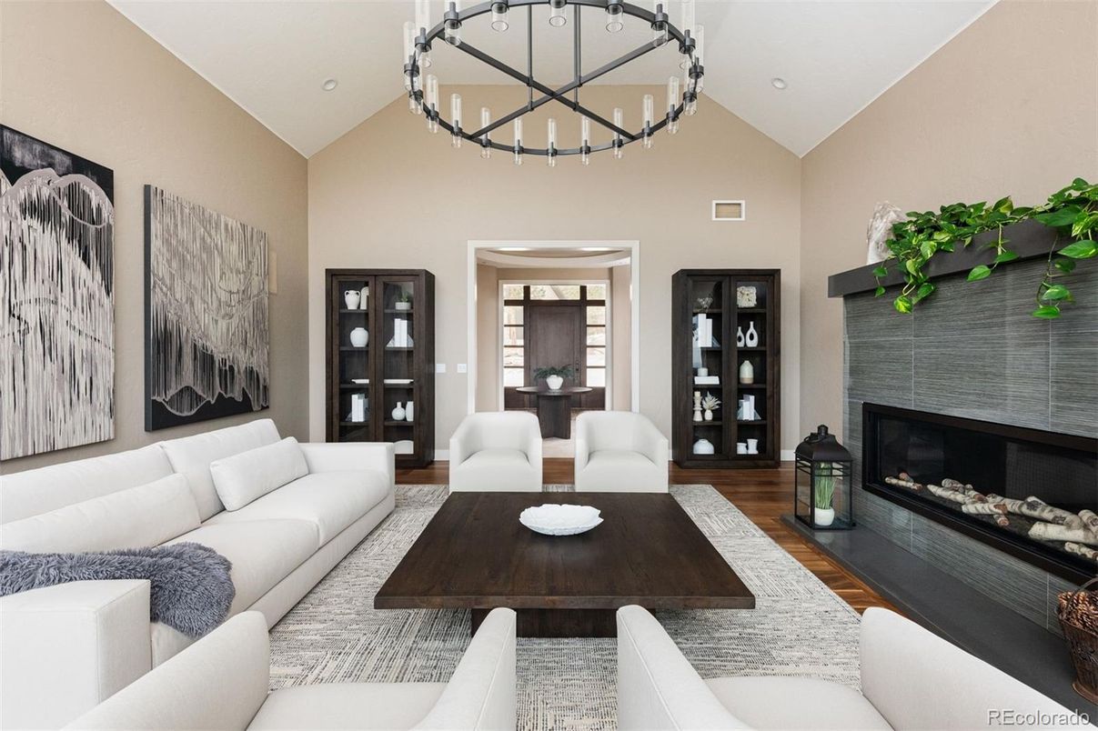 Chandelier, Fireplace, Interior, Living room, Recessed Lighting, Wood Texture Flooring