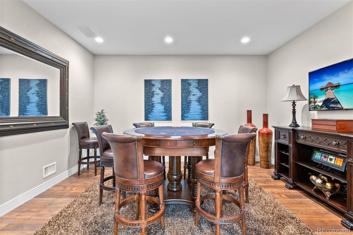 Dining room, Interior, Recessed Lighting, Wood Texture Flooring