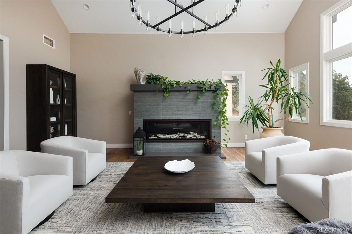 Chandelier, Fireplace, Interior, Living room, Recessed Lighting, Wood Texture Flooring