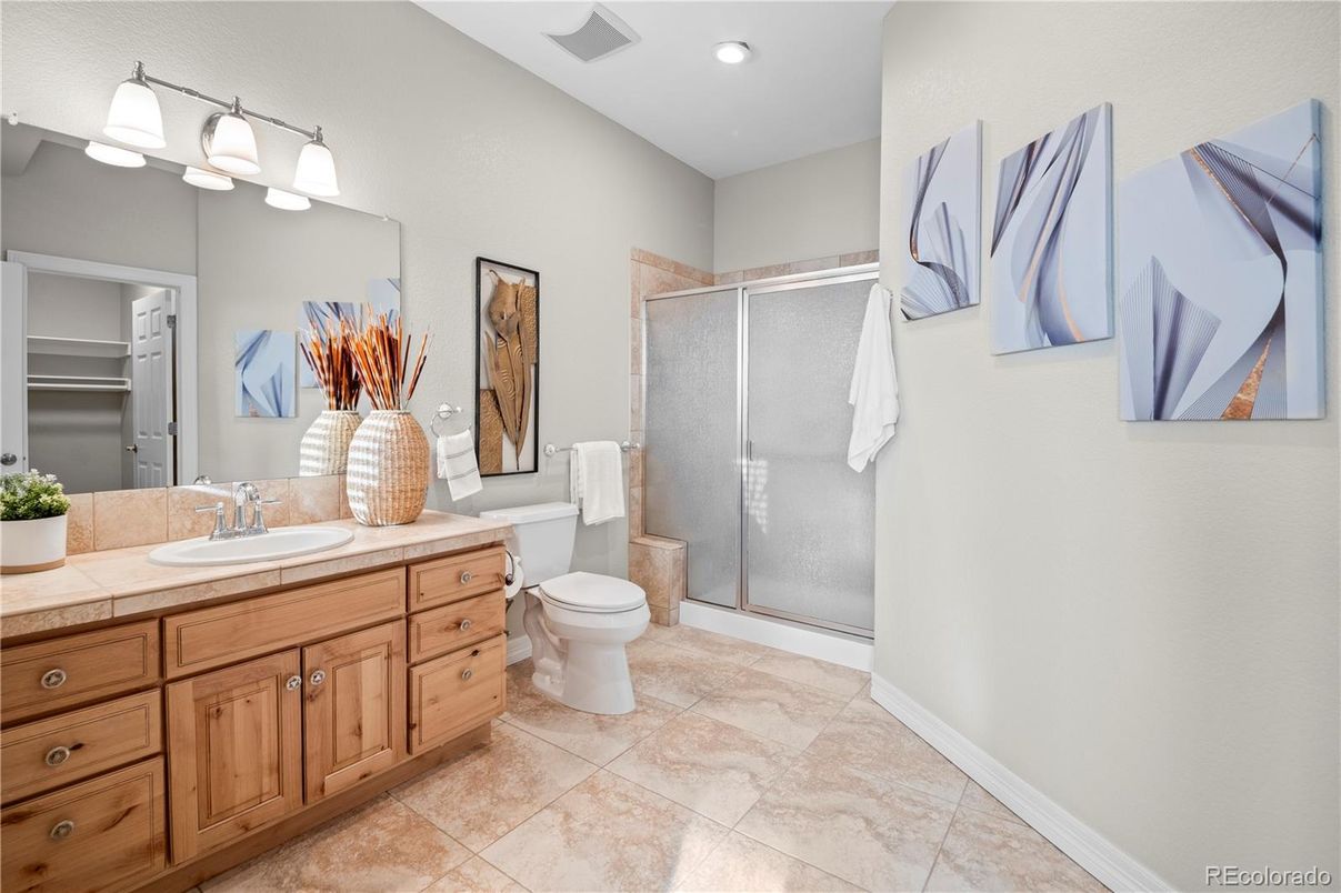 Bathroom, Glass Shower, Interior, Recessed Lighting, Tile Countertops