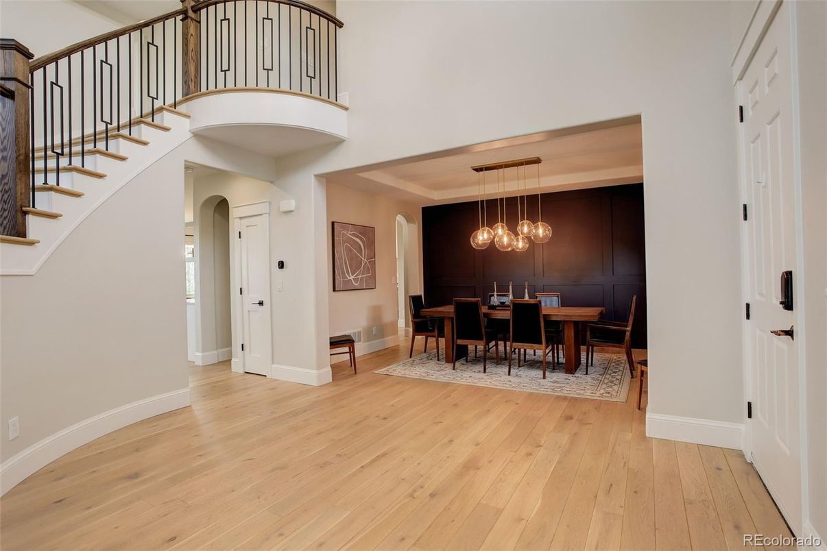 Dining room, Interior, Pendant Lights, Wood Texture Flooring