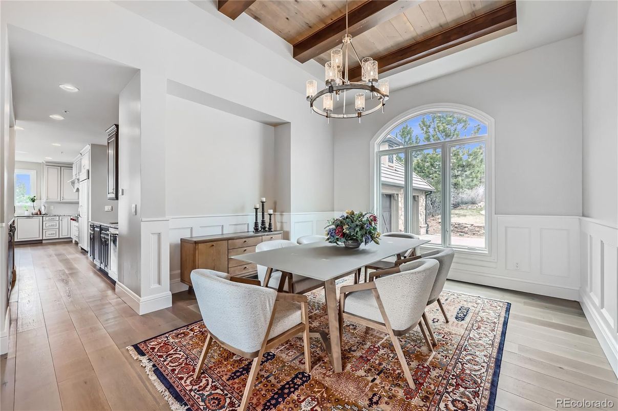Chandelier, Dining room, Interior, Recessed Lighting, Wooden Beams, Wooden Ceilings, Wood Texture Flooring