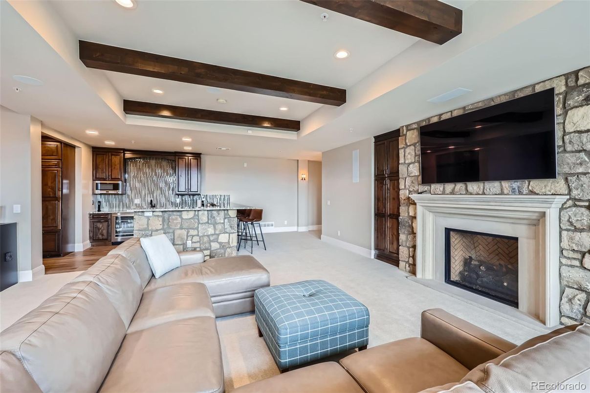 Fireplace, Interior, Kitchen, Living room, Recessed Lighting, Stone Walls, Wooden Beams, Wood Texture Flooring