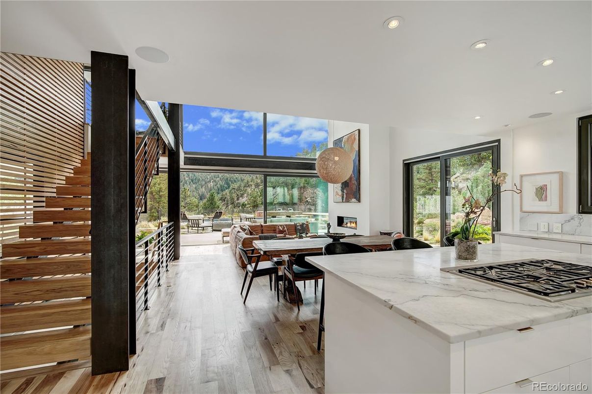 Dining room, Interior, Kitchen, Pendant Lights, Recessed Lighting, Wood Texture Flooring