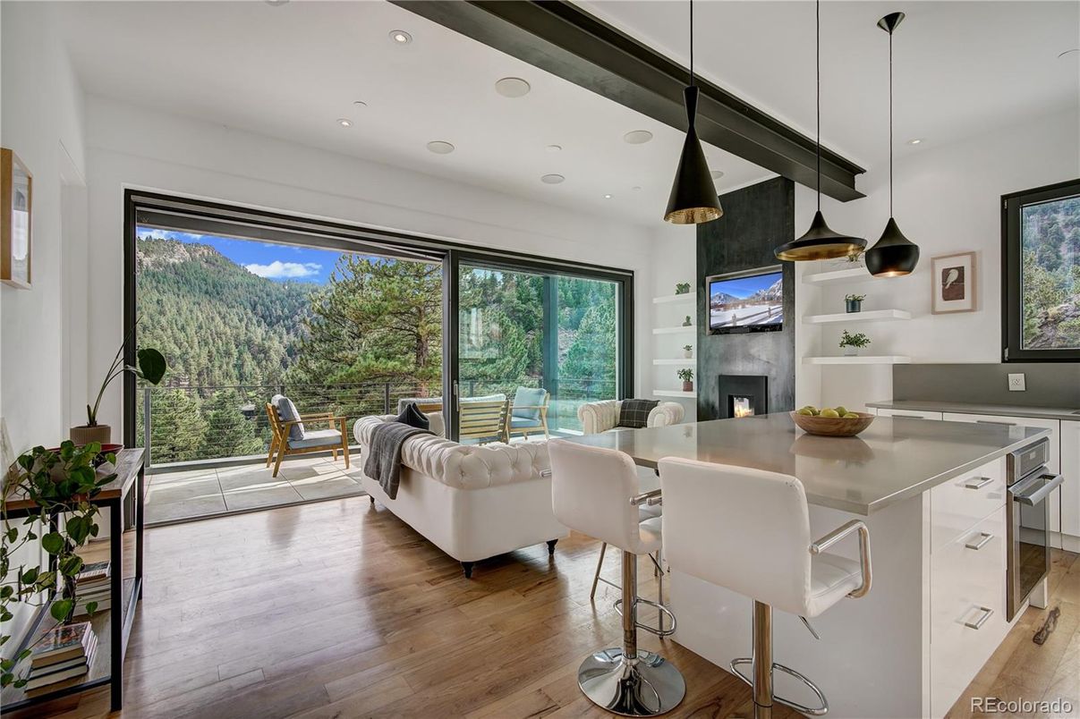 Fireplace, Interior, Kitchen, Living room, Pendant Lights, Recessed Lighting, Wood Texture Flooring