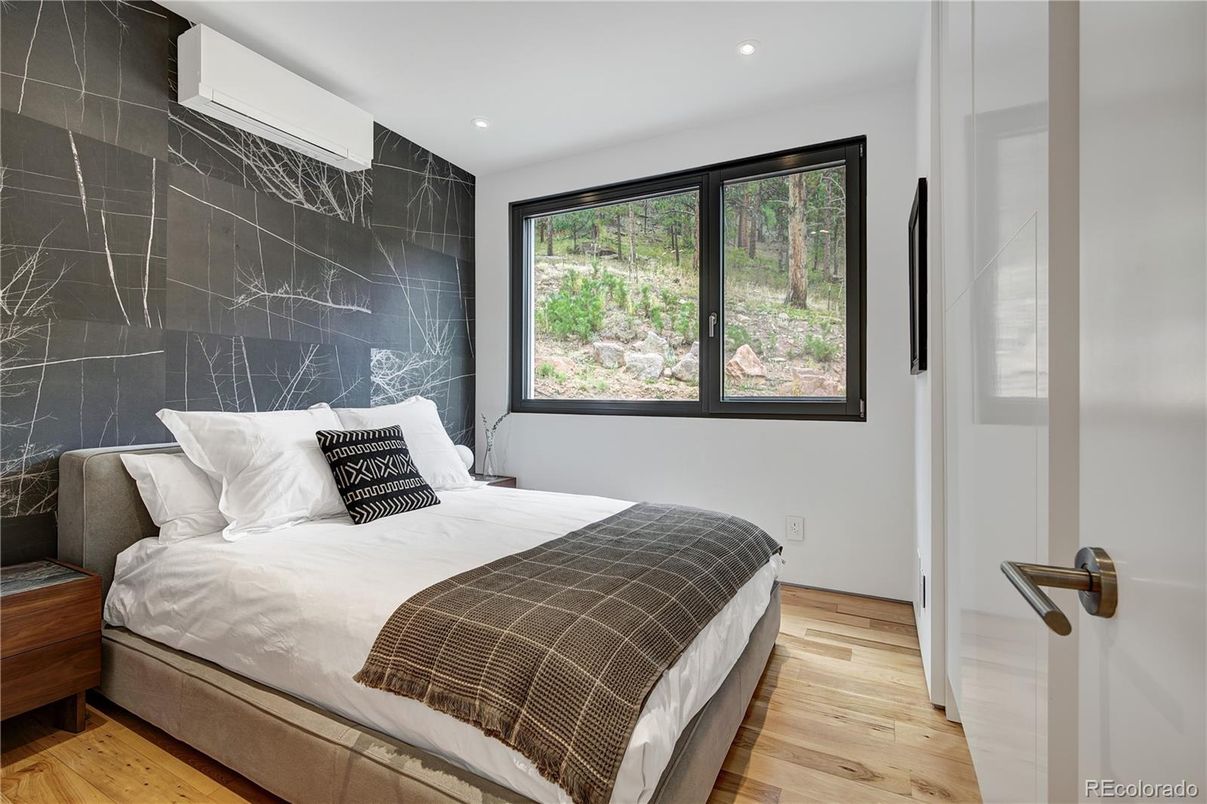 Bedroom, Interior, Marble Walls, Recessed Lighting, Wood Texture Flooring