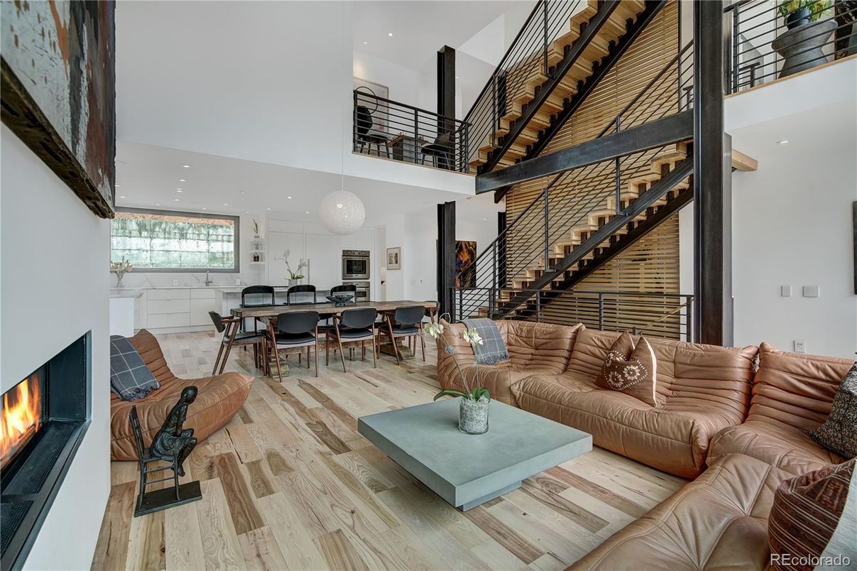 Dining room, Fireplace, Interior, Kitchen, Living room, Pendant Lights, Recessed Lighting, Wood Texture Flooring