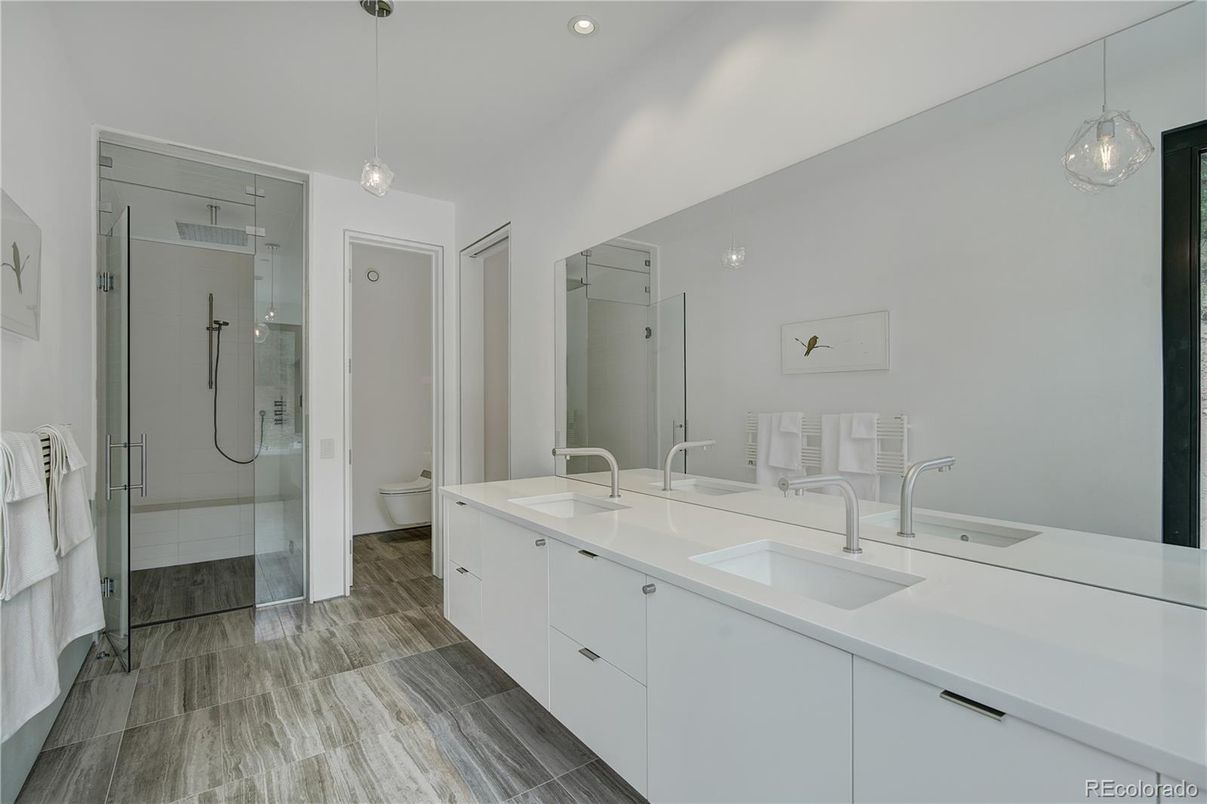 Bathroom, Dual Sink Vanities, Glass Shower, Interior, Pendant Lights, Recessed Lighting