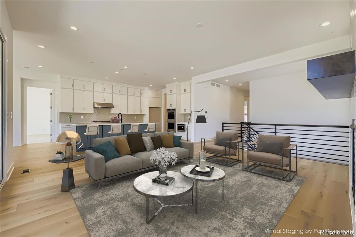 Interior, Kitchen, Living room, Recessed Lighting, Stainless Steel Appliances, Wood Texture Flooring