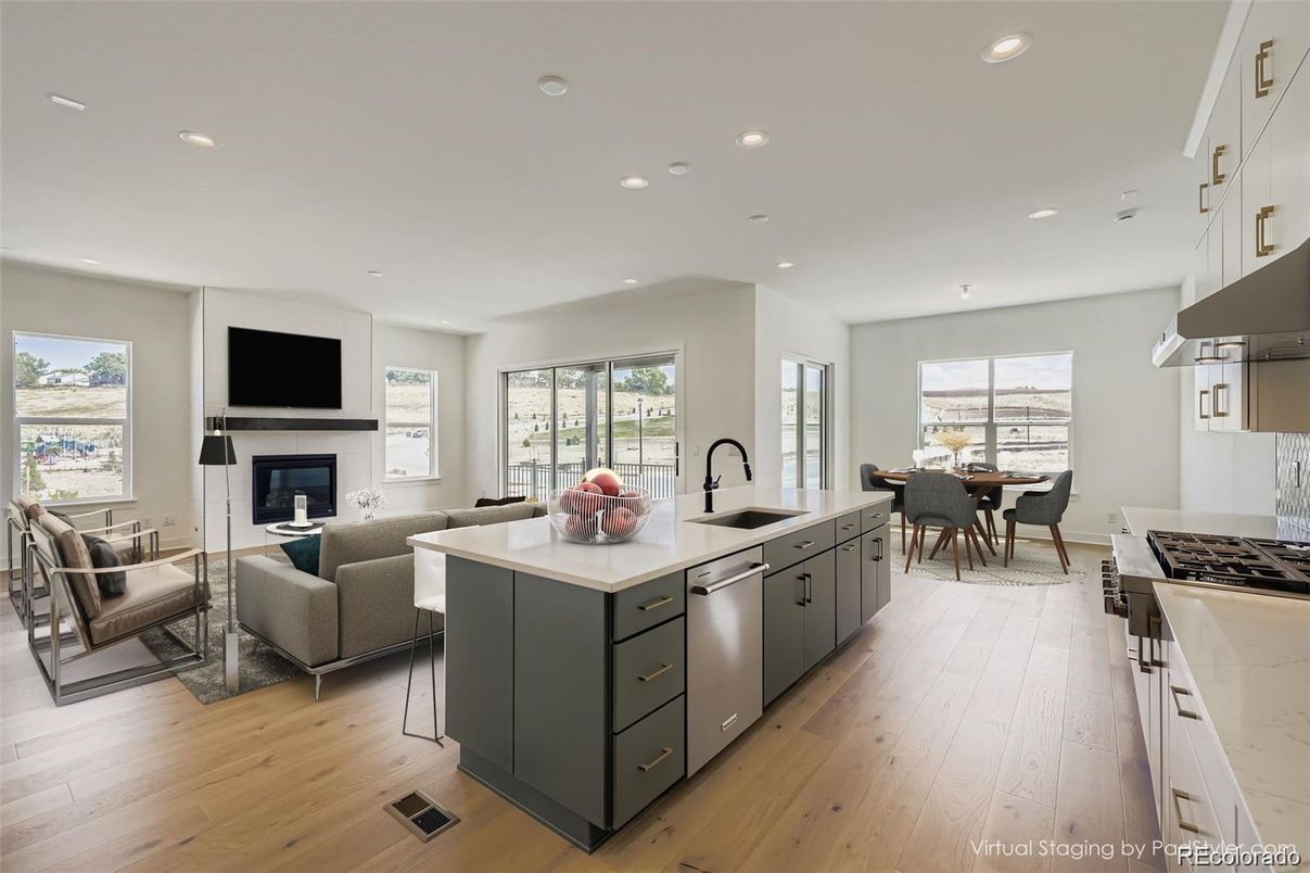 Dining room, Fireplace, Interior, Kitchen, Living room, Recessed Lighting, Wood Texture Flooring