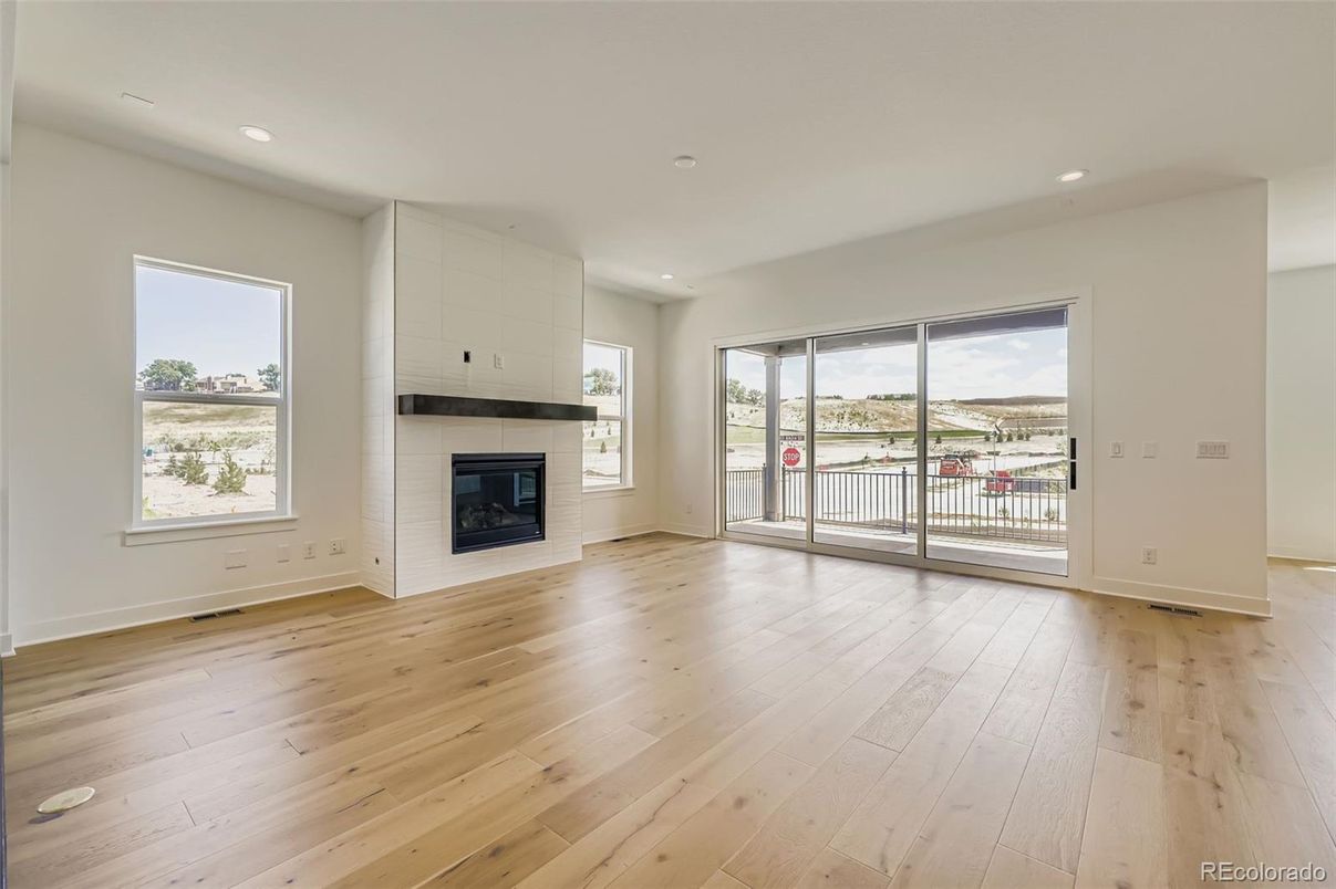 Empty room, Fireplace, Interior, Recessed Lighting, Wood Texture Flooring