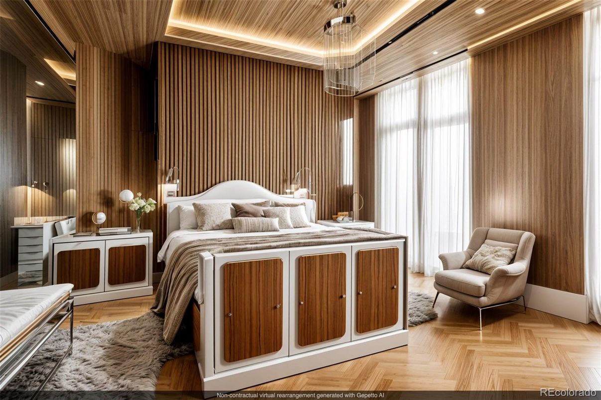 Bedroom, Interior, Pendant Lights, Recessed Lighting, Wood Texture Flooring, Wooden Walls