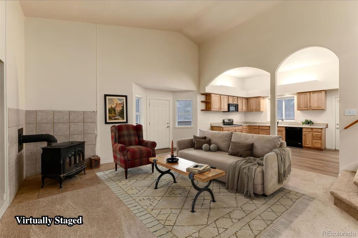 Fireplace, Interior, Kitchen, Living room, Wood Texture Flooring