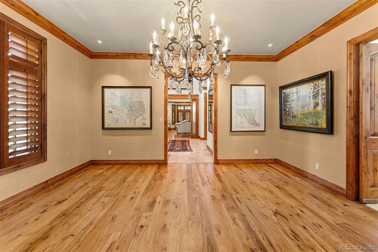 Chandelier, Empty room, Interior, Recessed Lighting, Wood Texture Flooring