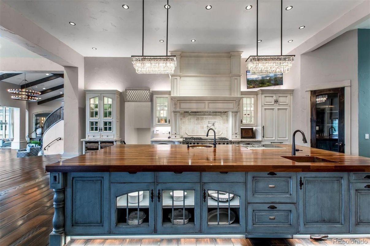 Chandelier, Interior, Kitchen, Pendant Lights, Recessed Lighting, Wood Texture Flooring