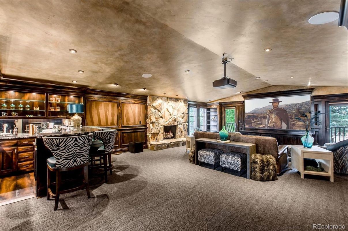 Fireplace, Interior, Recessed Lighting, Stone Walls