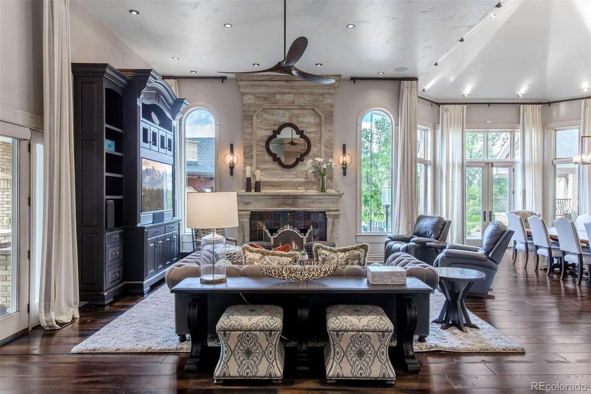 Dining room, Fireplace, Interior, Living room, Recessed Lighting, Wood Texture Flooring