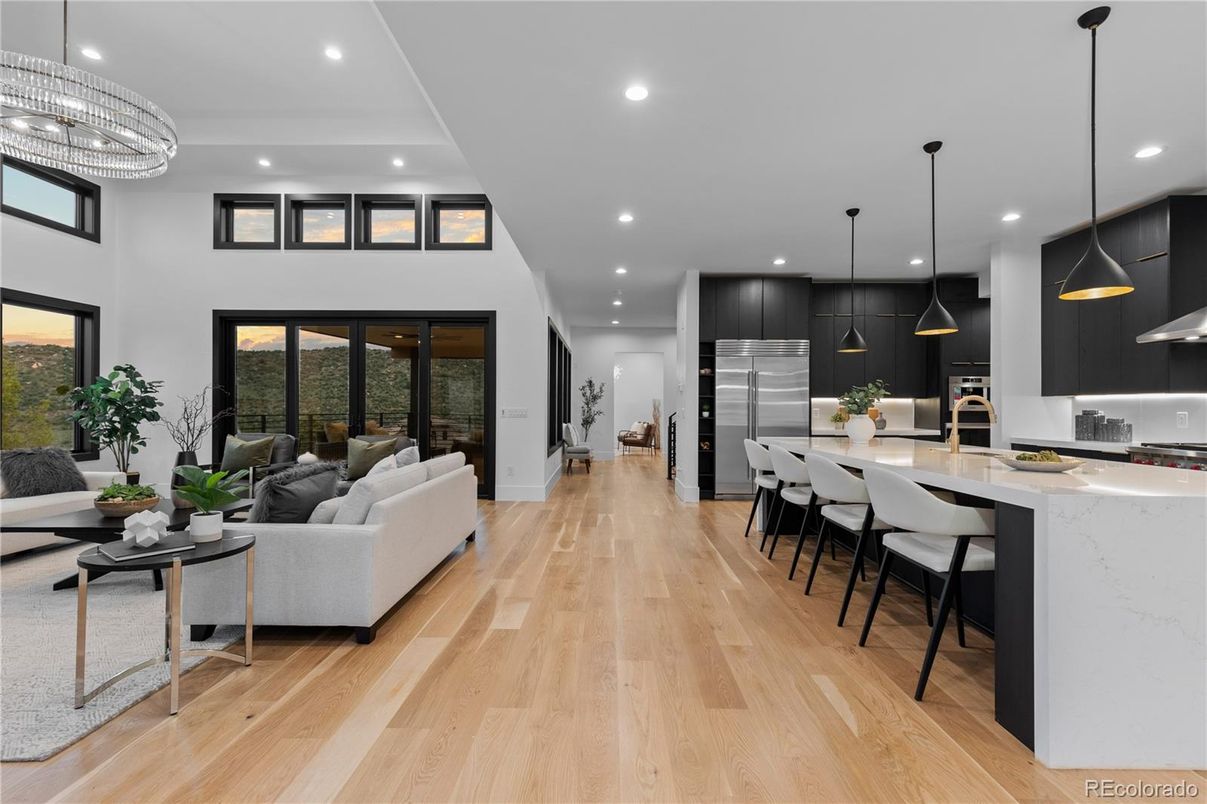 Interior, Kitchen, Living room, Pendant Lights, Recessed Lighting, Stainless Steel Appliances, Wood Texture Flooring