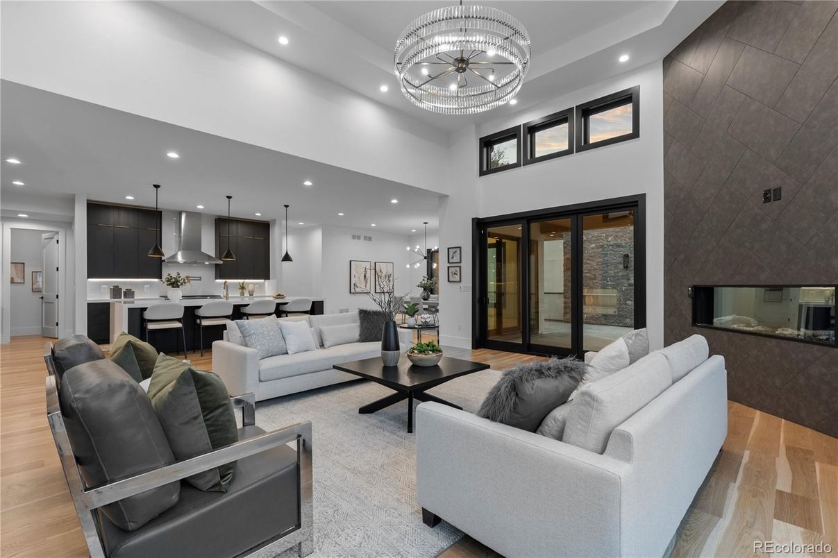 Dining room, Fireplace, Interior, Kitchen, Living room, Pendant Lights, Recessed Lighting, Wood Texture Flooring