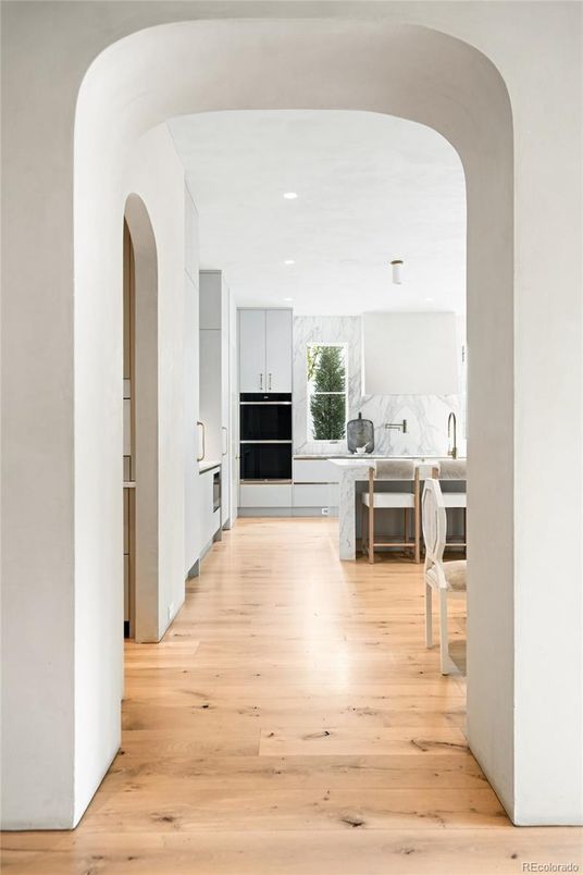 Interior, Kitchen, Marble Walls, Recessed Lighting, Wood Texture Flooring