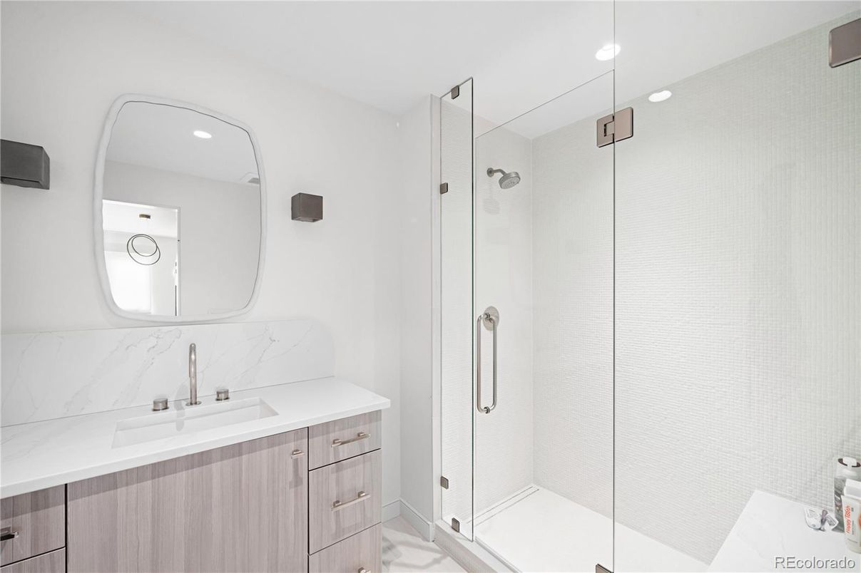 Bathroom, Glass Shower, Interior, Marble Walls, Recessed Lighting