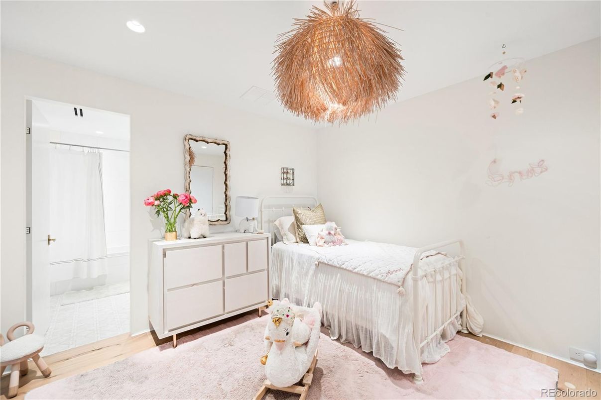 Bedroom, Chandelier, Interior, Recessed Lighting, Wood Texture Flooring