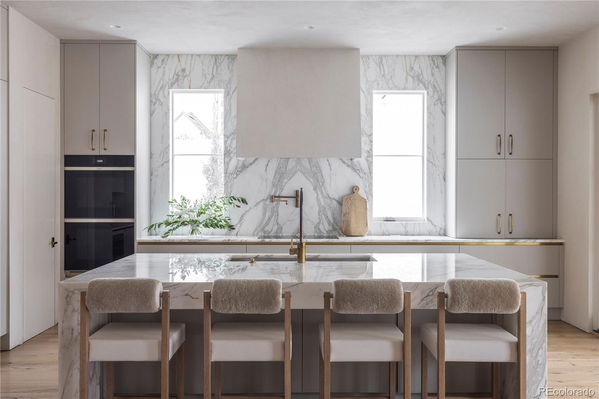 Interior, Kitchen, Marble Walls, Recessed Lighting, Wood Texture Flooring