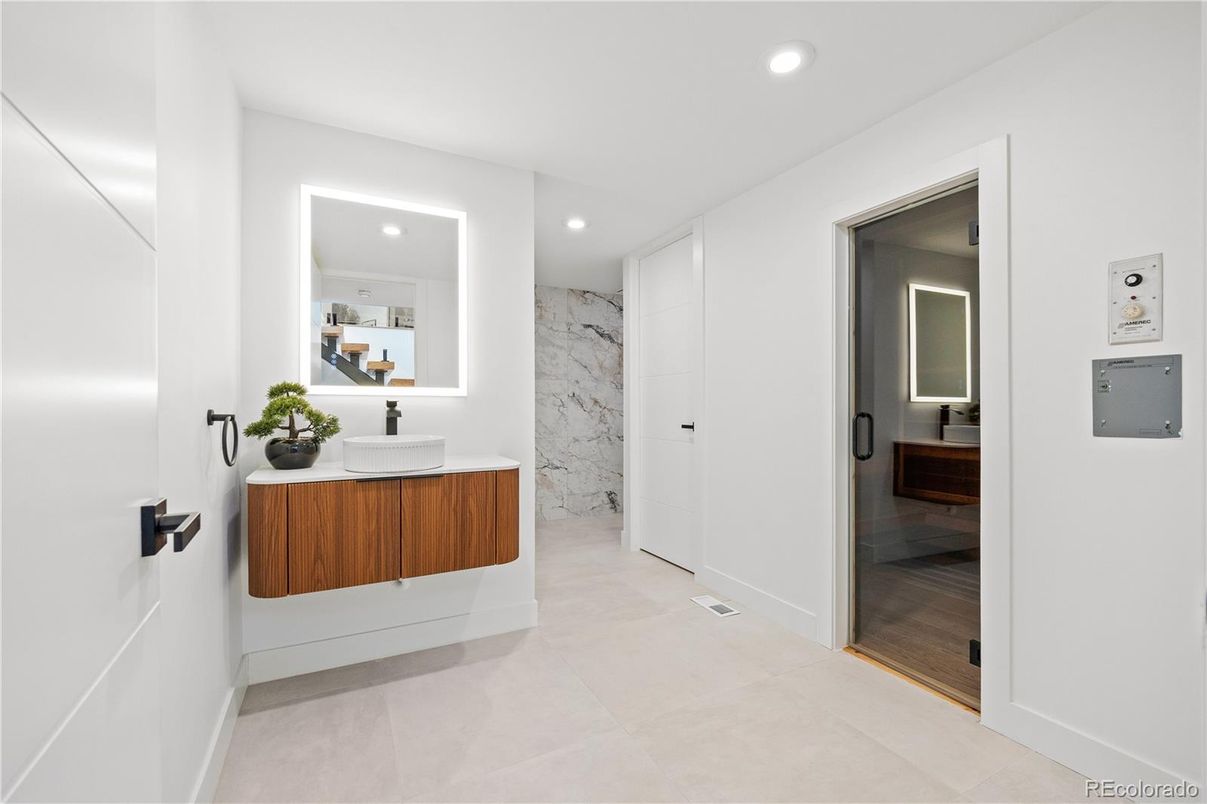Bathroom, Interior, Marble Walls, Recessed Lighting, Wood Texture Flooring