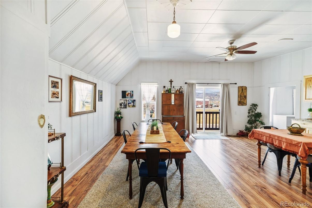 Dining room, Interior, Pendant Lights, Wood Texture Flooring
