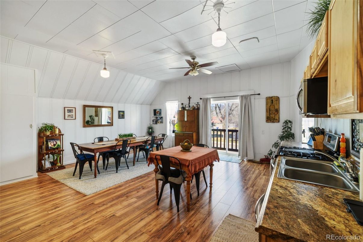 Dining room, Interior, Pendant Lights, Wood Texture Flooring
