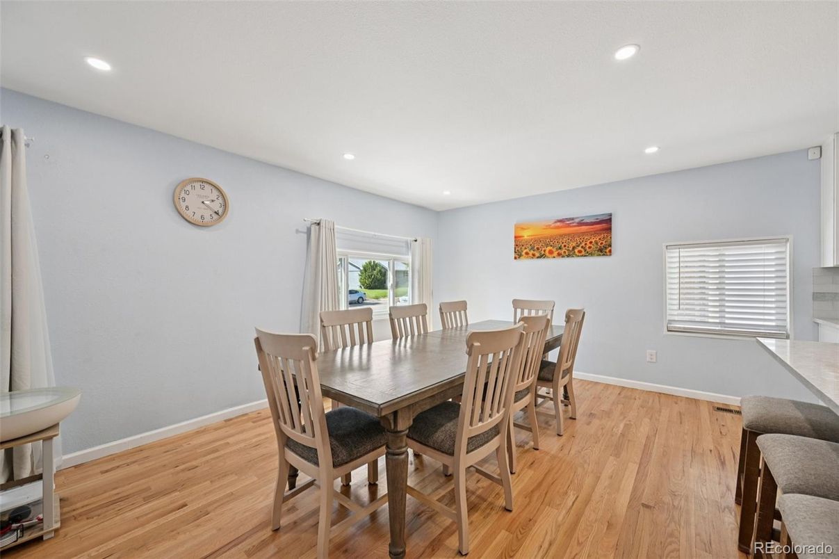Dining room, Interior, Recessed Lighting, Wood Texture Flooring