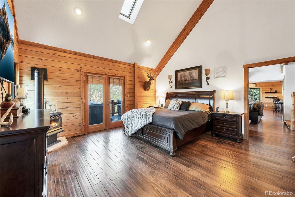 Bedroom, Interior, Recessed Lighting, Wooden Beams, Wood Texture Flooring, Wooden Walls