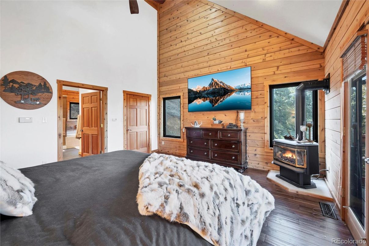 Bedroom, Fireplace, Interior, Wood Texture Flooring, Wooden Walls