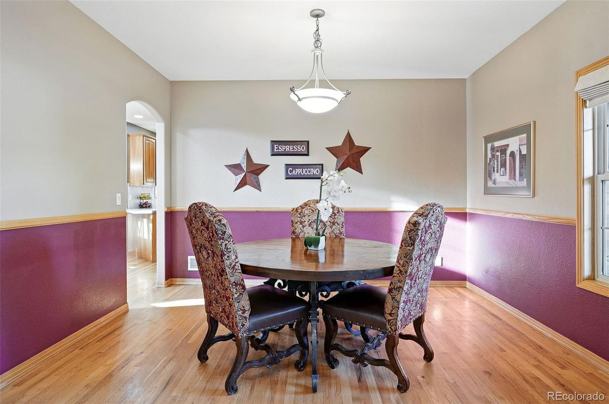 Dining room, Interior, Pendant Lights, Wood Texture Flooring