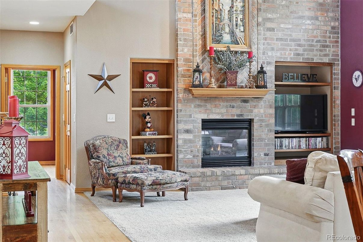 Fireplace, Interior, Recessed Lighting, Stone Walls, Wood Texture Flooring
